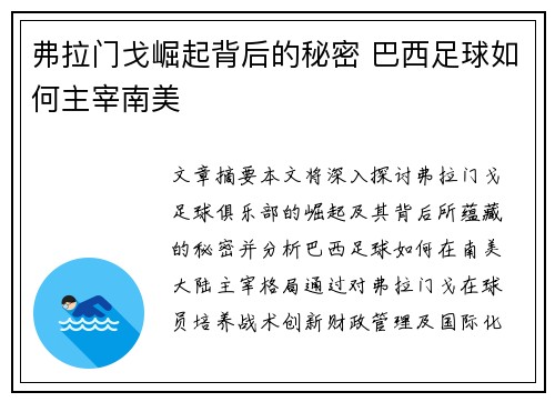 弗拉门戈崛起背后的秘密 巴西足球如何主宰南美